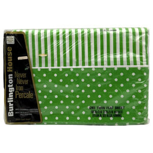 Vintage Burlington House TWIN Flat Sheet Green Polka Dot Striped HTF Sealed NOS
